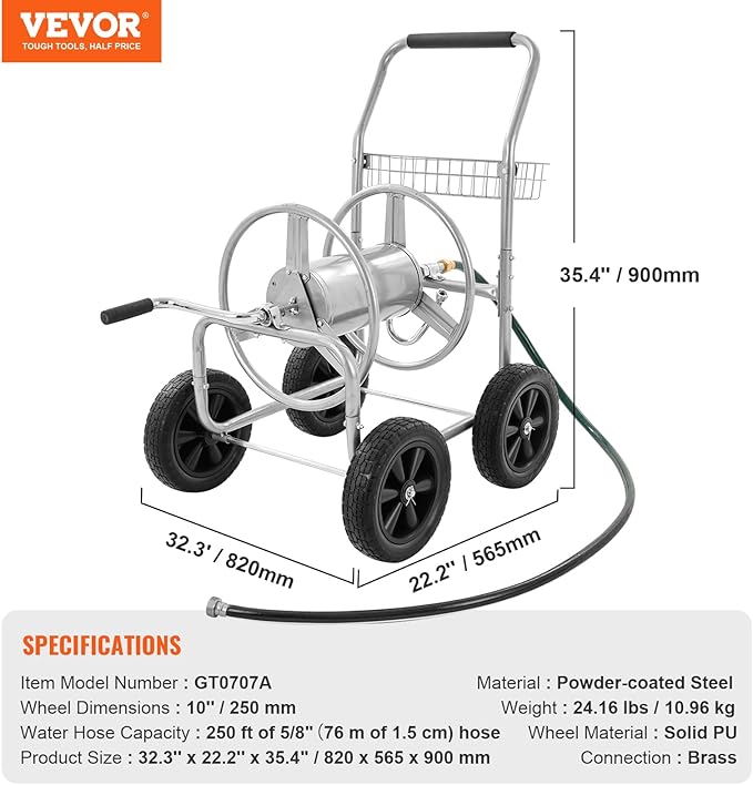 VEVOR Hose Reel Cart, Hold Up to 250 ft of 5/8’’ Hose, Garden Water Hose Carts Mobile Tools with 4 Wheels, Heavy Duty Powder-Coated Steel Outdoor Planting with Storage Basket, for Garden, Yard, Lawn | Heavy Duty Powder-coated Steel, Storage Basket, Mob...