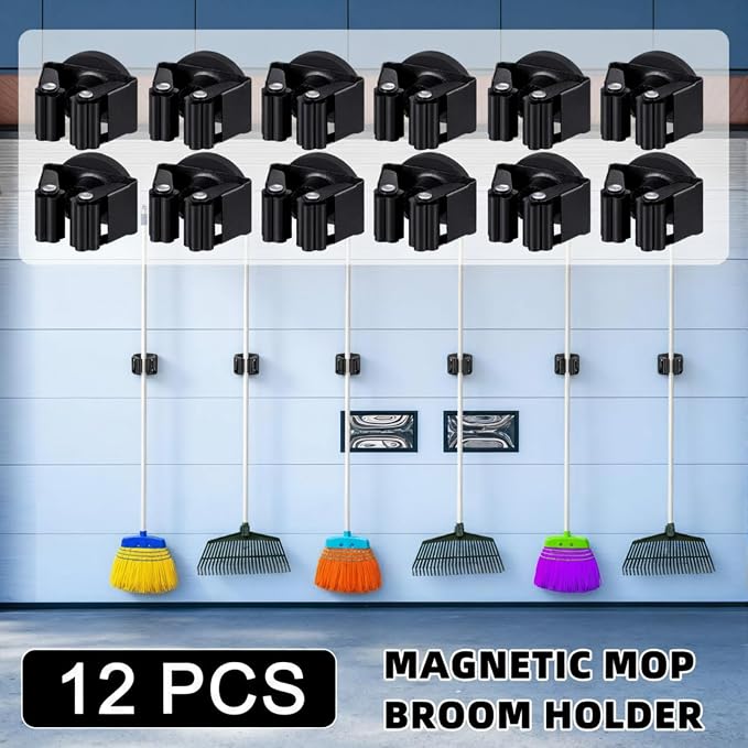 Vercraft 12 Pcs Magnetic Broom Holder Wall Mounted Anti Slip Rack,Black | Movable Magnetic Organizer for Mops Brooms, Dual Roller Grip, Wall Storage for Garage Kitchen Laundry Garden Tools