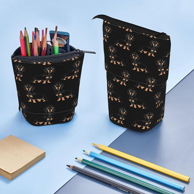 Dachshund Weiner Pet Dogs Print Pencil Case Bag, Telescopic Pen Holder, Standing Stationery Pouch, Cute Organizer for Office, Makeup, Cosmetics