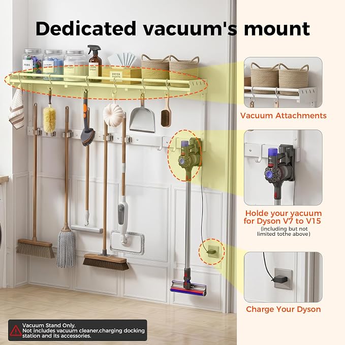 Broom Holder Wall Mount with Shelf,Broom Hanger,3 in 1 Broom and Mop Organizer Wall Hanging for Laundry,Garage,Utility,Broom Rack,Vacuum Stand Alternative,Cleaning Supplies Organizer Storage,White,XL
