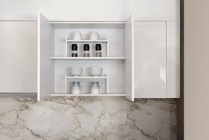 Nxconsu Stackable Cabinet Shelf Organizer 2 Pack, Wide White | Heavy-Duty 3mm Steel Stackable 2-Tier Shelf, Holds 50 lb, for Kitchen Cabinet Pantry Cupboard Counter Bathroom Under Sink