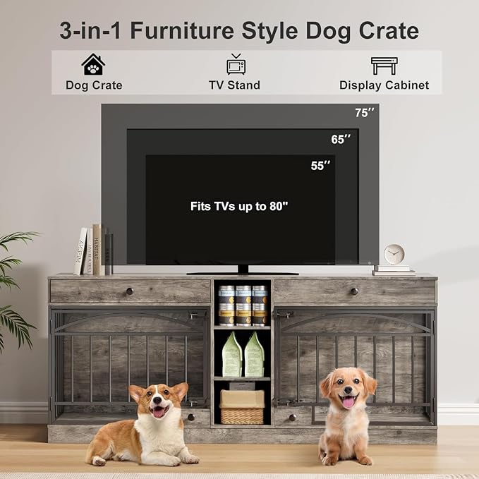 Dog Crate Furniture for 2 Dogs, Double Dog Crate TV Stand, Gray | 78.7'' Large Dog Kennel Indoor, 2 Storage Drawers, 3 Shelves and Feeding Bowls, Pet Kennel for Small and Medium Dogs