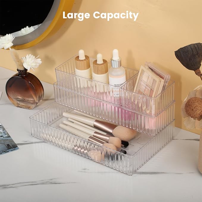 4 PCS Drawer Organizer Set, 4 Different Size Stackable Trays | Transparent Kitchen Desktop Organizer Bins for Makeup, Office Supplies, Utensils Storage
