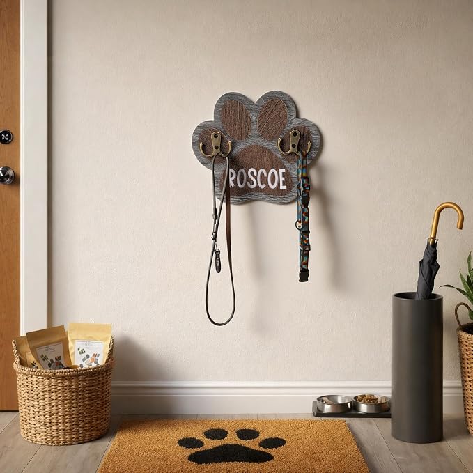Kathfly Wooden Dog Leash Holder for Wall Paw-Shaped Pet Harness Hanger 52 Letters Leash Hook Hangers Cat Collar Organizer Keychain Towels for Entryway Pet Loss Gifts Keepsake Home Decor (Double Hook)