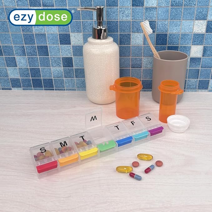 Ezy Dose Weekly (7-Day) Pill Organizer, X-Large Medicine Planner, Rainbow | Daily Vitamin & Supplement Case, Spacious Push-Button Compartments, Convenient & Easy to Use, Travel-Friendly, BPA-Free