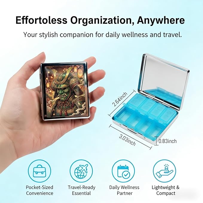 Weekly Pill Organizer, Metal Pill Box with 8 Compartments, Small Travel Pill Case for Purse Pocket, Medicine Vitamin Supplement Organizer (Samurai Demon)