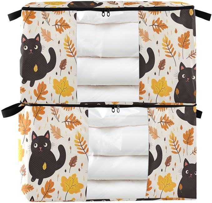 Generic Cute Cat Leaves Autumn Clothes Storage Bag Bins 2 Pack Foldable Storage Containers Large Closet Organizer with Zipper Storage Cubes for Clothing Comforters Bed Sheets 60L