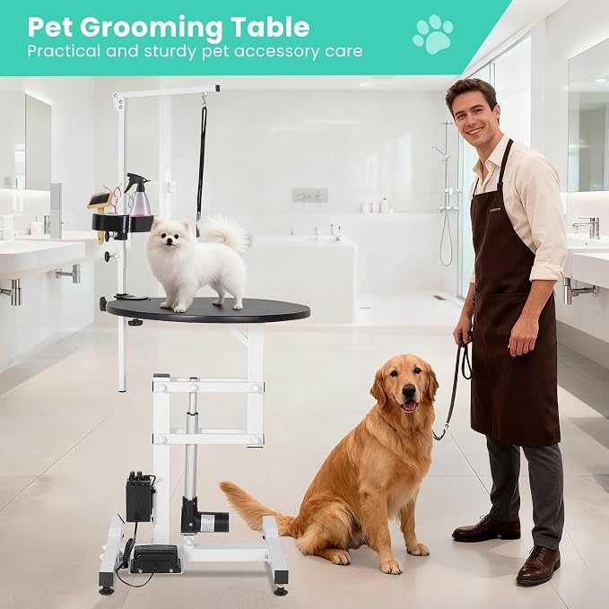 Professional 24 Inch Electric Dog Grooming Table - 360° Rotating Non-Slip Tabletop with Adjustable Overhead Arm & Foot Remote, 250lbs Weight Capacity, Integrated Tool Organizer for Salon & Home Use