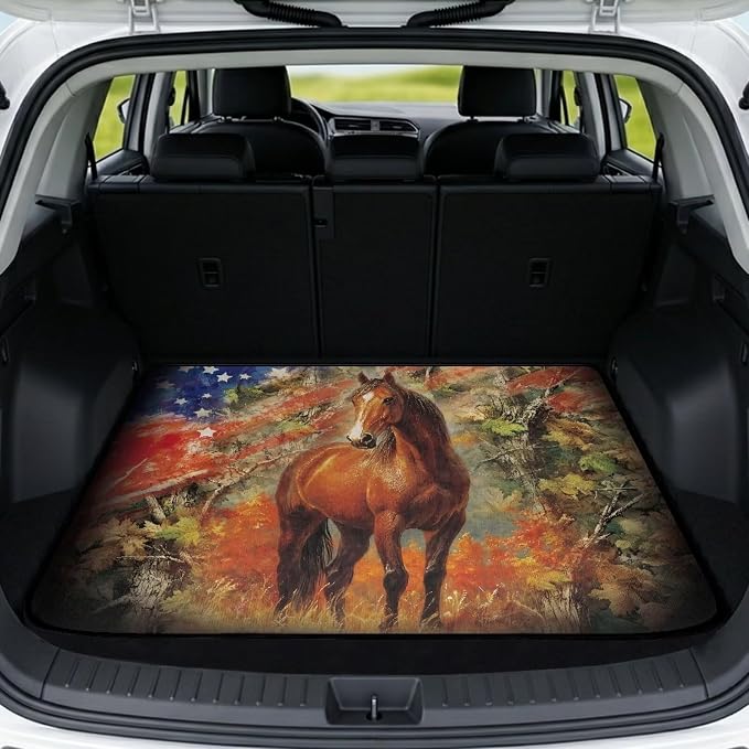 All Weather Cargo Liner American Flag Horse Car Trunk Mats USA Patriotic Cargo Mats for Most Cars Non Slip Rear Trunk Mat Floor Mat Covers Universal Size 29" x 39"