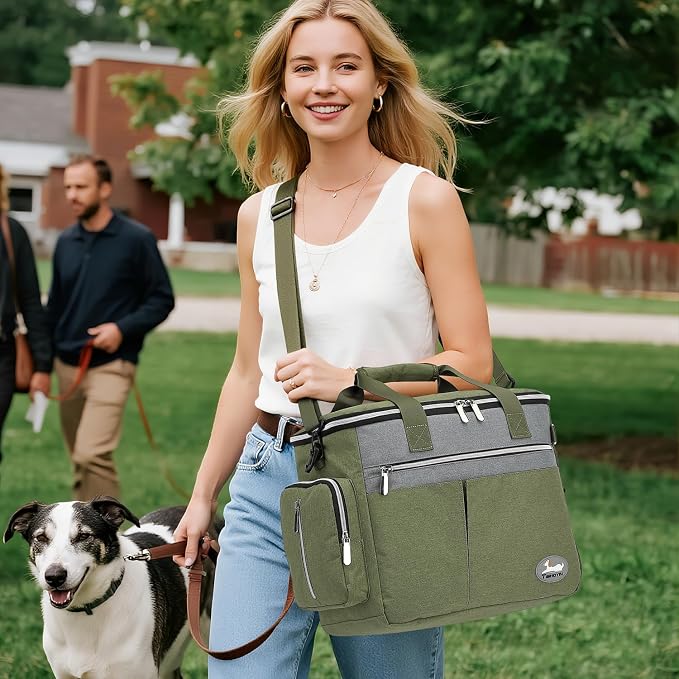 Dog Travel Bag for Pet Kit for Supplies with 2 Food Storage Containers 2 Collapsible Bowls 1 Feeding Mat 1 Dog Treat Pouch 7-Piece Set Perfect Road Trips Camping Weekend (Olive Green)
