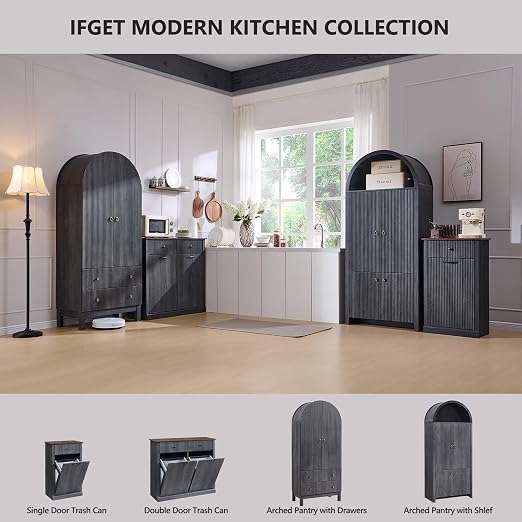 IFGET Tilt-Out Trash Can Cabinet, Fluted Laundry Hamper Cabinet, Dark Gray