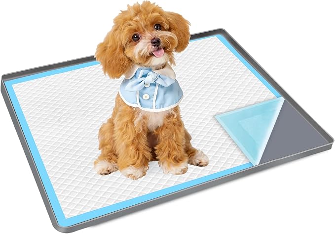 Dog Pee Pad Holder, Dog Potty Tray Silicone Puppy Pad Holder Tray Fits for 34" x 22" Training Pads, Puppy Potty Tray No Spill Raised Lip High Edge for Floor Protection (Dark Grey)