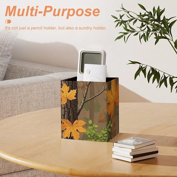Pu Leather Pencil Cup for Men Women Desktop Square Pen Pencil Holder Hunting Camo Fall Maple Leaf Stationery Container Box for Office Supplies