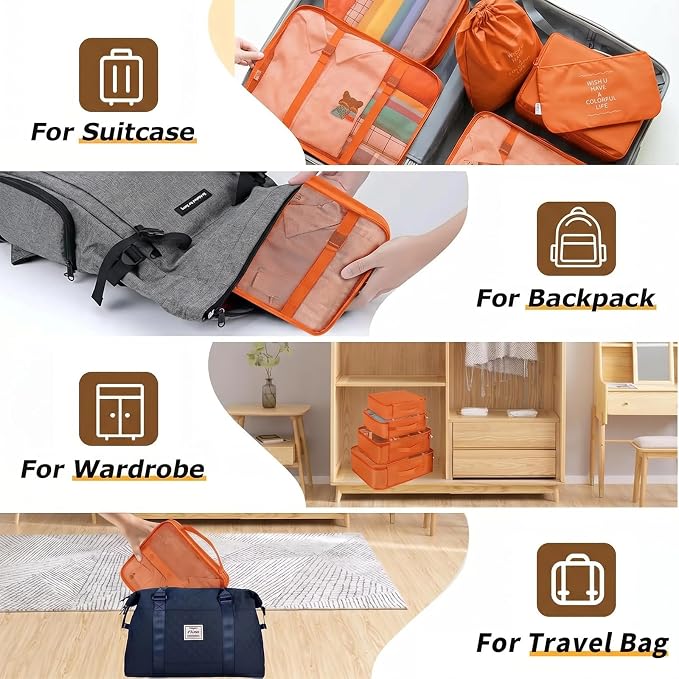 LANSKLBD 6/8 Set Packing Cubes for Suitcases Travel Luggage Packing Organizers,Travel Accessories Essentials Luggage Organizer with Shoe/Tioletry/Laundry Bag (Orange, 8 set)