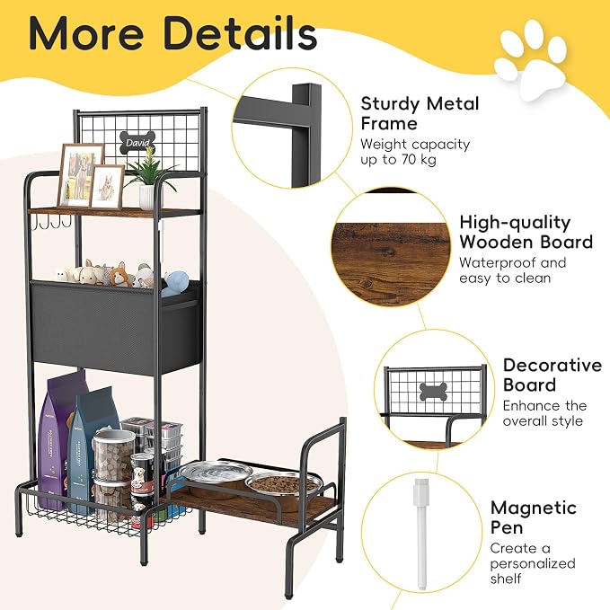 Dog Feeding Station Storage Organizer with Elevated Dog Bowl Stand | Adjustable Elevated Dog Bowl Stand, Large Toy Bin Basket, Lifted Food and Water Bowl Holder for Large Medium Small Breed