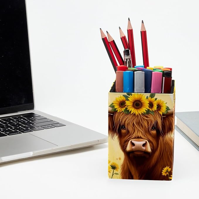 Sunflowers and Highland Cow Pen Holder for Desk Decor, Rectangular PVC Leather Pencil Cup for Desk Pen Organizer, Makeup Brush Holder for School, Home, Office