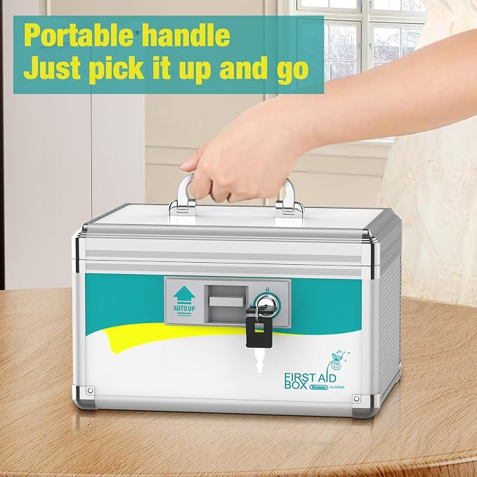 Glosen 8 Pack of Medicine Lock Box with Key, 2-Layer Aluminum Alloy Medication Lock Box with Removable Tray, Portable First Aid Storage Box with Handle for Home, Travel, School (10inch-Small-8pcs)