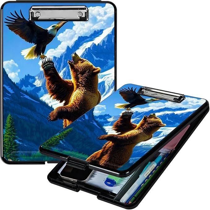 Bear and Eagle A4 Clipboard with Storage Pen Holder, Clipboards Organizer Nursing Clipboard Foldable File Folder Plastic Clipboard Folio Clip Board for Office Students Classroom Doctor