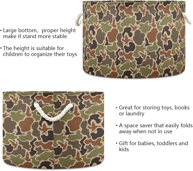 Duck Hunter Camo Collapsible Round Storage Basket with Handles | Camouflage Print Large Laundry Baskets Hamper, Clothes Organizer Bin for Bedroom Living Room Decor, 20x 20x 14 Inches
