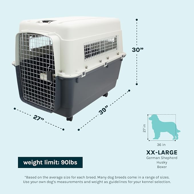 SportPet Airline Compliant XX-LARGE 39" Travel Dog Kennel-Durable Plastic Airline Pet Carrier w/ Removable Wheels & Food Bowls, Collapsible Indoor/Outdoor Dog Kennel, Dogs up to 36"L & 27"H-Cream/Gray