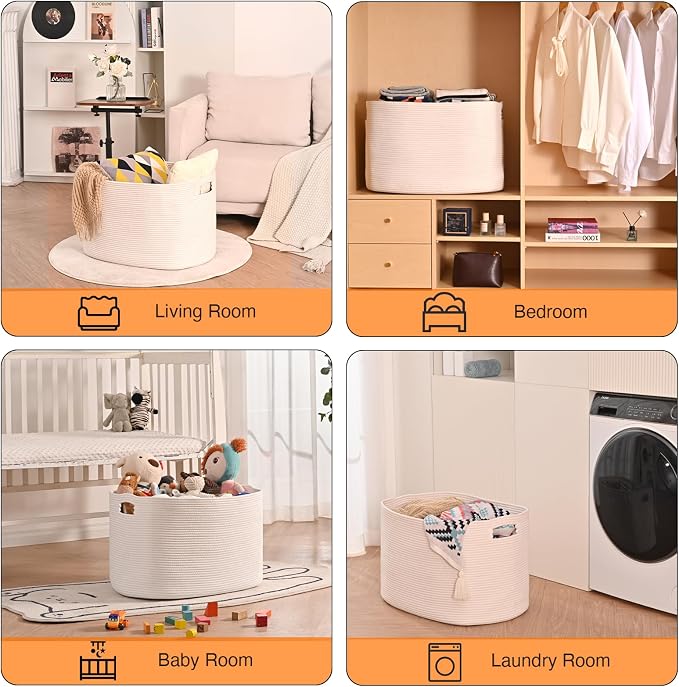 ICERZCZ White Laundry Basket, Blanket Baskets for Living Room, Cotton Rope Baskets for Storage, Woven Basket for Blankets, Toys, Clothes, Shoes, White, 25”x16”x16” (105L)