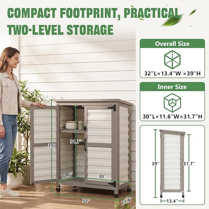 Ketive Outdoor Storage Cabinet, 32" Small Patio Storage Cabinet with Rust-Free Plastic Door Panels, 2-Tier Garden Cabinet for Porch, Balcony, Poolside, Backyard, Garden Supplies & Cleaning Supplies