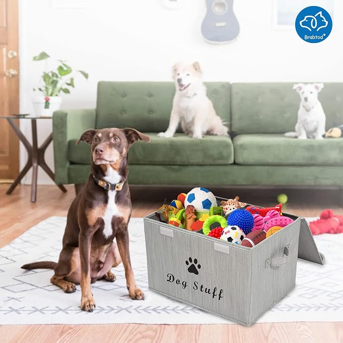 Large Dog Toys Storage Box Canvas Storage Basket Bin Organizer with Lid - Collapsible Linen Bin Ideal for Organizing Dog Cat Toys and pet Stuff-PP Boad-17" x 12" x 10" - Slub Gray