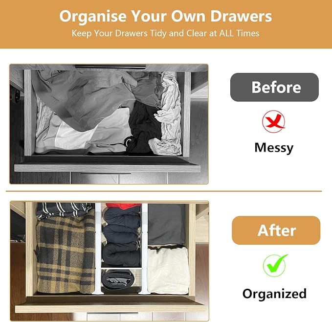 KABUM Upgrade Adjustable Drawer Divider Organizer(2.8 * 11.7-18.5") | Expandable Organization for Home, Office,2.8" High Expandable from 11.7" to 18.5",4 Dividers with 6 Long and 2 Short Inserts