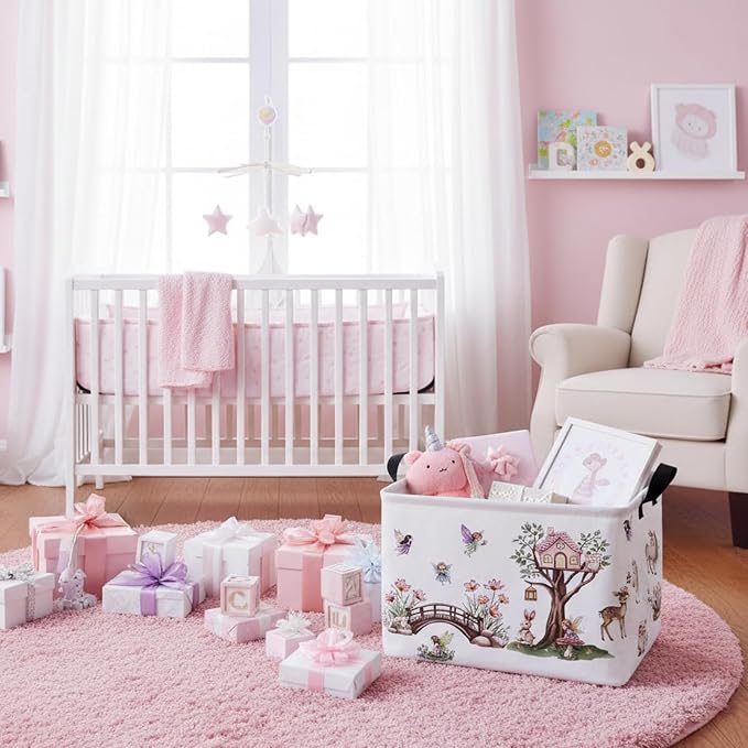 Kid Cute Rectangle Storage Basket Baby Toy Clothes Storage Bin Nursery Playroom Bedroom Decor Basket (Pink Tree House Flower Fairy)