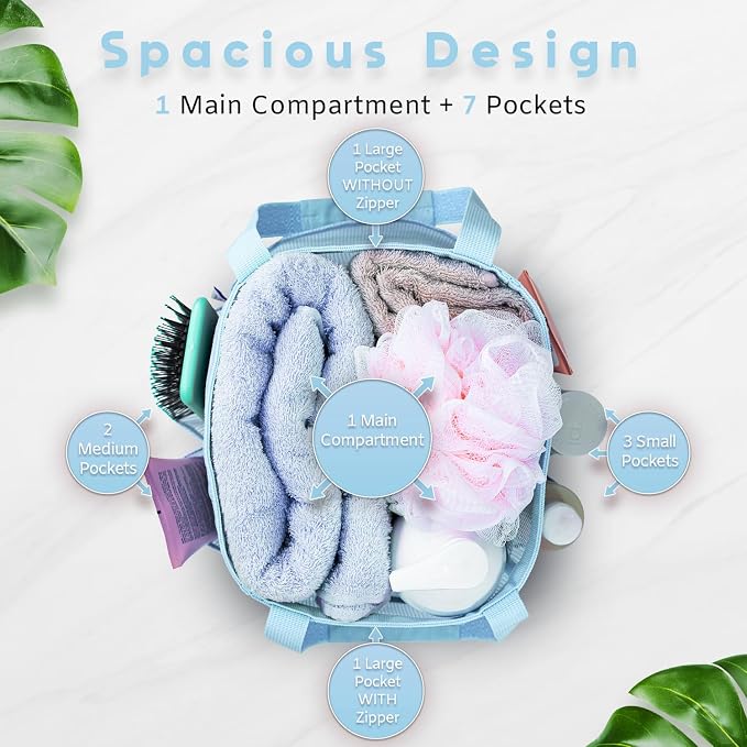 Mesh Shower Caddy Dorm, 7 Pockets & 1 with Zipper, Shower Tote with Padded Handles, Travel Portable, Shower Caddy College Room Essentials, Bathroom Shower Bag (Blue)