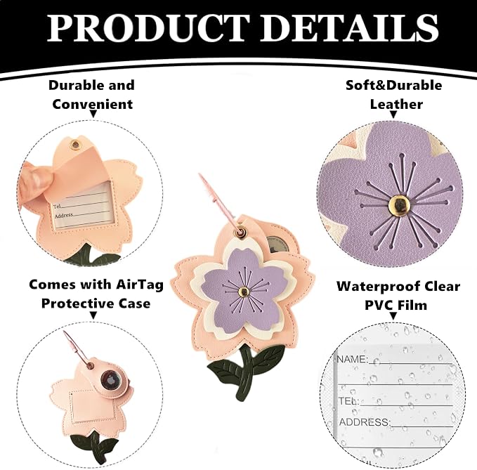 PU Leather Luggage Tag with Airtag Holder Case Set and Name ID Label | Hidden Compartment for AirTag Travel Suitcase Tracking Case with Stainless Steel Loop,Cute Fruit Plant Animals Styles,sakura
