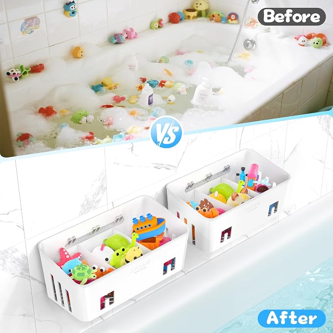 Bath Toy Storage 2 Packs, Large Bath Toy Holder - 3 Compartments, Quick-Dry | BPA-Free Bathtub Toy Organizer, Wall-Mounted Adhesive Shower Caddy, Bathroom Toy Basket & Bin for Baby, Toddler, Kids, White