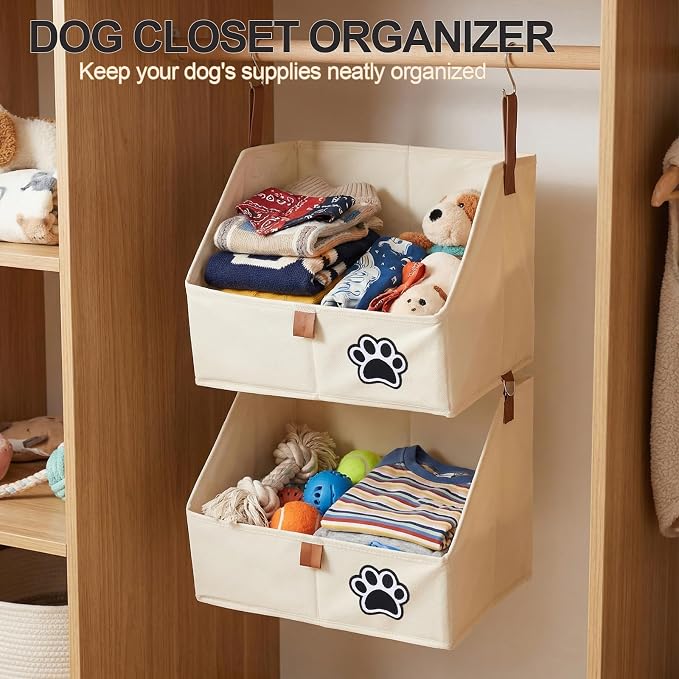 2-Tier Dog Shelves Storage Organizer, Dog Toy Basket, Hanging Closet Organizer for Pet, Fabric Storage Bins Dog Cabinet, Collapsible Baskets for Dog Toys,Collar,Clothes,Blanket -Beige
