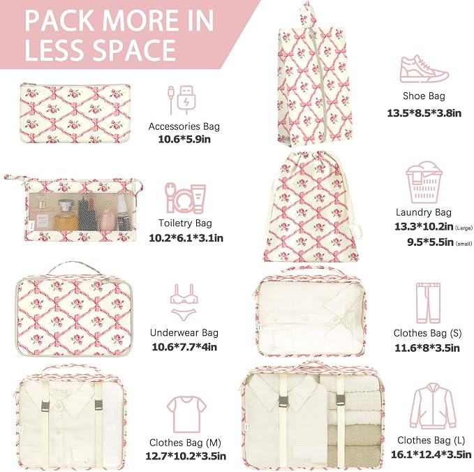 KPX 8 Set Packing Cubes for Travel, Luggage Packing Organizers Accessories Large Toiletries Bag for Clothes Shoes Cosmetics (8Set-Flower & Bow)