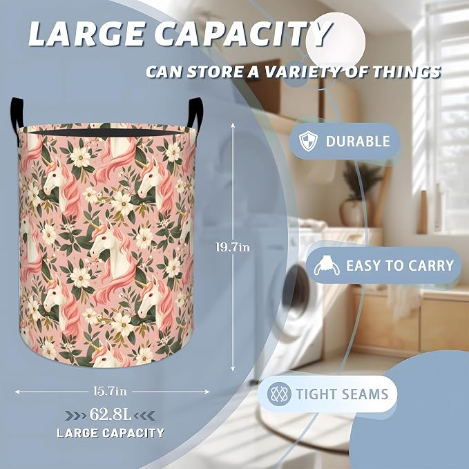 Magical Unicorn with Pink Floral Laundry Basket with Handles, 19.7"x15.7" Clothes Foldable Laundry Hamper Organizer for Dorm Nursery Bedroom Bathroom Decor, Toy Storage Bin for Kids