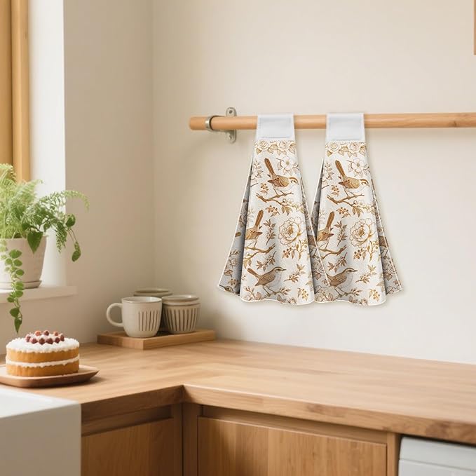 CUTHOLLOW Orange Flower and Bird Hanging Kitchen Towels with Loop, Set of 2 - Soft & Super Absorbent Microfiber Decorative Hanging Dish & Hand Towel, Tea Coffee Towel for Kitchen Bathroom Oven Handle