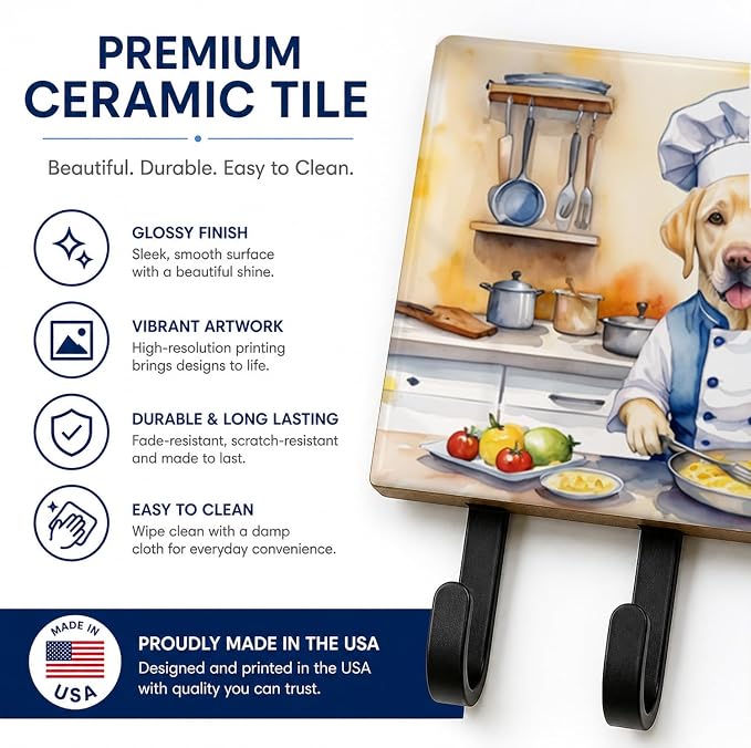 Caroline's Treasures Yellow Labrador Retriever The Chef Leash or Key Holder Wall Hooks, Key Hooks Holder, Coat Rack Wall Mount, Coat Hooks, Hooks for Hanging Keys, Towels, Aprons, Leashes | Yellow Labrador Retriever The Chef artwork on ceramic tile wit...