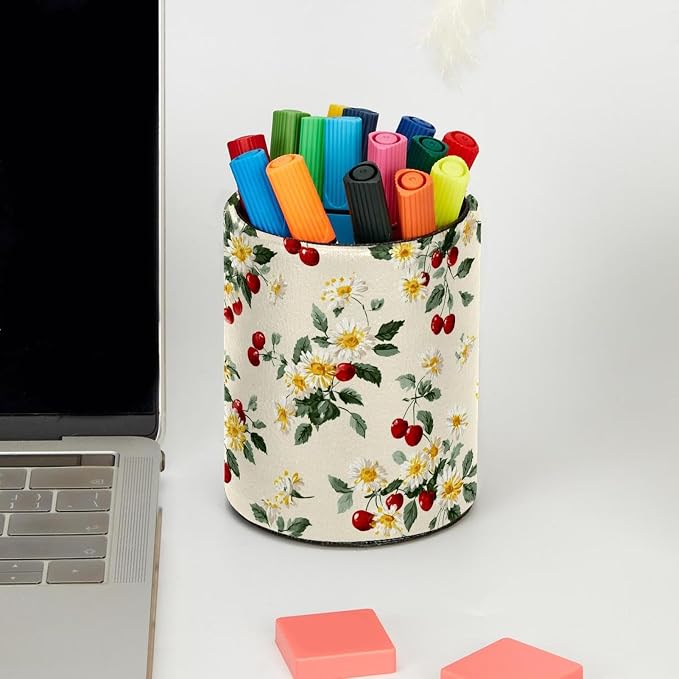 Faux Leather Pen Holder for Desk, Pencil Organizer Daisies and Cherries Pen Cup Desk Decor Makeup Brush Holder Storage for Office Home