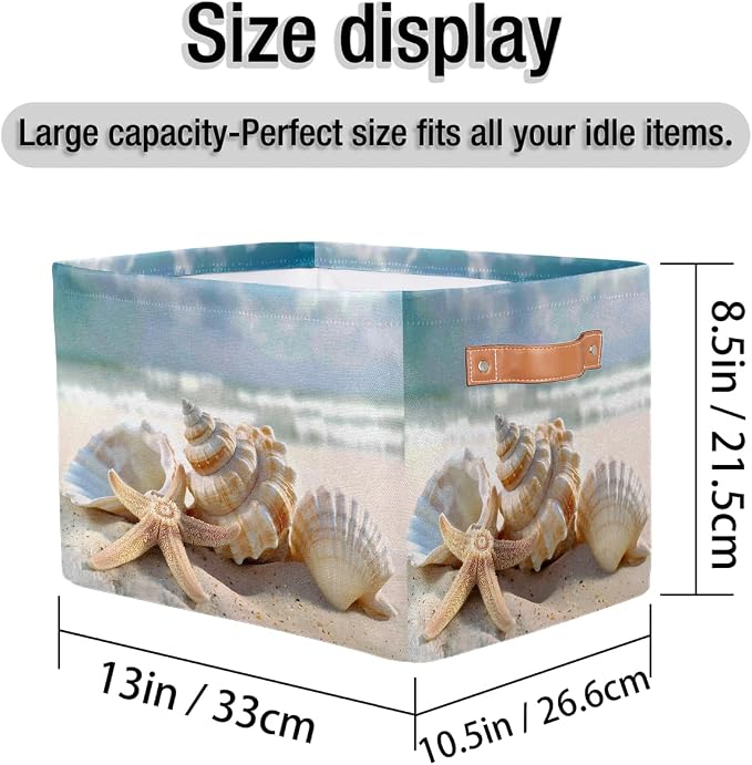 SEULIFE Summer Ocean Sea Beach Seashell Starfish Foldable Storage Basket, Large Collapsible Organizer Storage Bin Cube Toys Storage Boxes with Handles for Bathroom Kids Nursery Closet Storage, 2 Pack