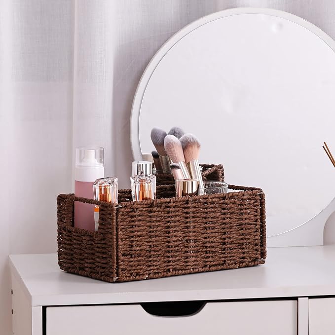 Vagusicc Wicker Storage Basket, Set of 2 Hand-Woven Paper Rope Wicker Basket, Small Storage Baskets for Organizing Toilet Paper, Foldable Large Cube Storage Organizer Bins for Shelves (Brown)