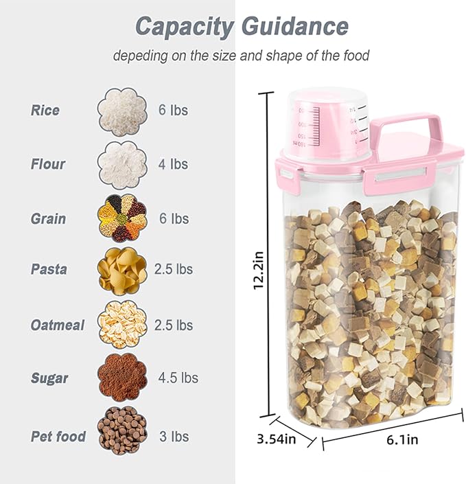 LEAWALK Airtight Rice Storage Container, 3 to 5Lbs Cereal Dry Food Flour and Sugar Bin, Pet Dog Cat Food Dispenser with Measuring Cup, BPA Free Clear Plastic Kitchen and Pantry Organization Bin-Pink