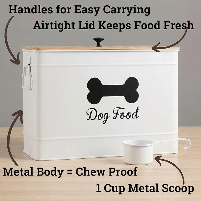 Metal Dog Food Container 15-20 lbs w/ Airtight Bamboo Lid, 70 Cup Capacity | Pet Jar For Dogs up to 100lbs, Airtight Bamboo Lid, Sturdy Comfortable Metal Handle, Powder Coated Iron, Kibble Storage Bin