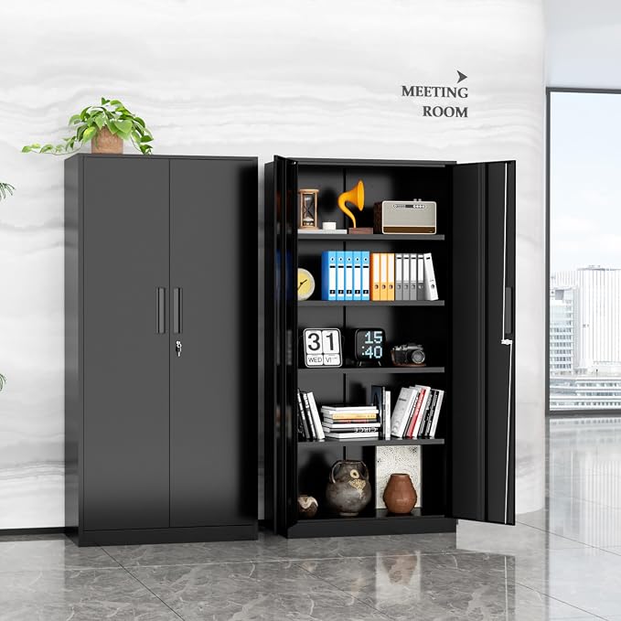 Crownland 72" Metal Storage Cabinet, Lockable Garage Storage Cabinets, High Office Cabinet with Adjustable Shelves for Garage, Home Office, Classroom, Pantry(Classic Black-Narrow Size)