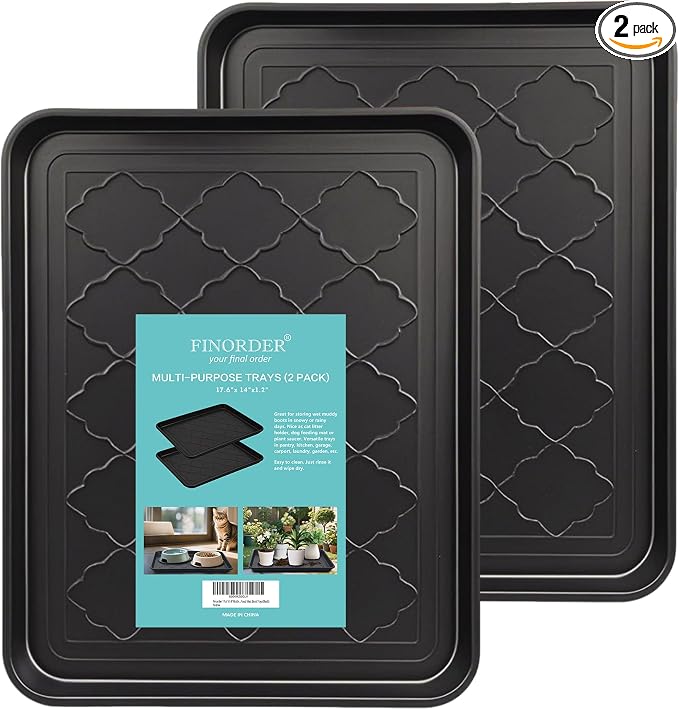 Finorder Multi-Purpose Boot Trays, 2 Pack, 17.6" x 14" x 1.2", Black | All Weather Heavy Duty Shoe Trays & Mat for entryway, Indoor and Outdoor, Waterproof Pet Feeding Mat
