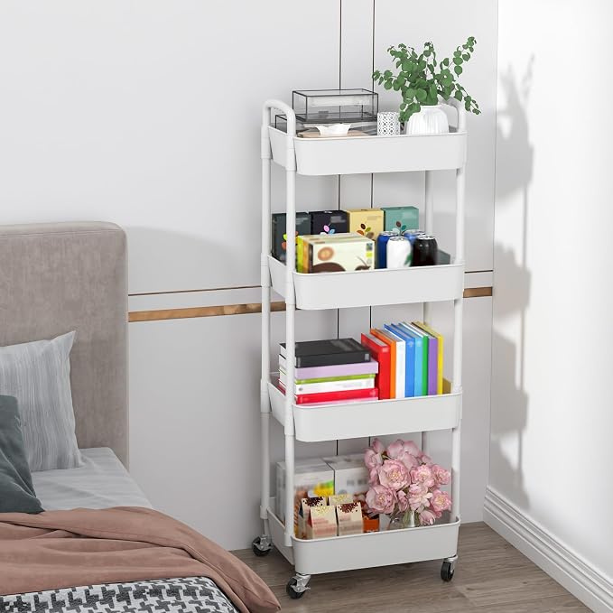 Sywhitta 4-Tier Plastic Rolling Utility Cart with Wheels for Storage,White | Multi-Functional Storage Trolley, for Office, Living Room, Kitchen, Bathroom,Movable Organizer,Space-Saving,Easy to assemble