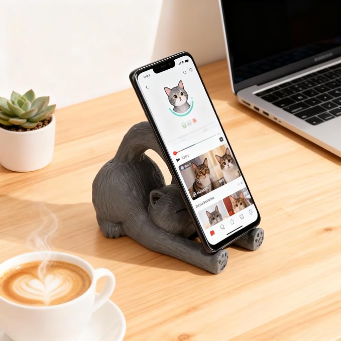 Cute Gray Feline Phone Stand for Desk, Stable Cell Phone & iPad Holder, Charming Desk Accessories for Cat Enthusiasts, Graduation for Women Teens Pet Owners