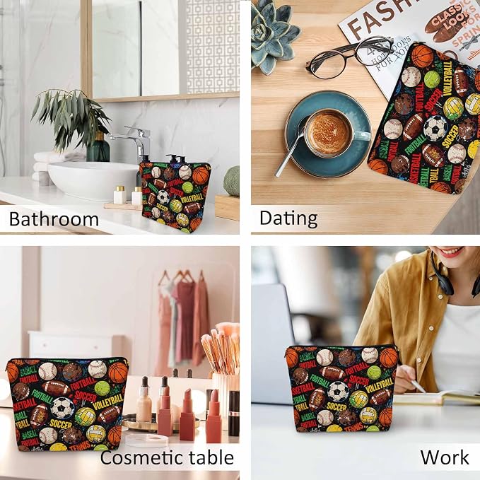 Woman Makeup Bag Sports Balls, Baseball Soccer Basketball Game Makeup Bags Travel Cosmetic Bags Toiletry Makeup Organizer Pencil Pouch Make Up Cosmetic Bag For Owners Lady Birthday Gifts