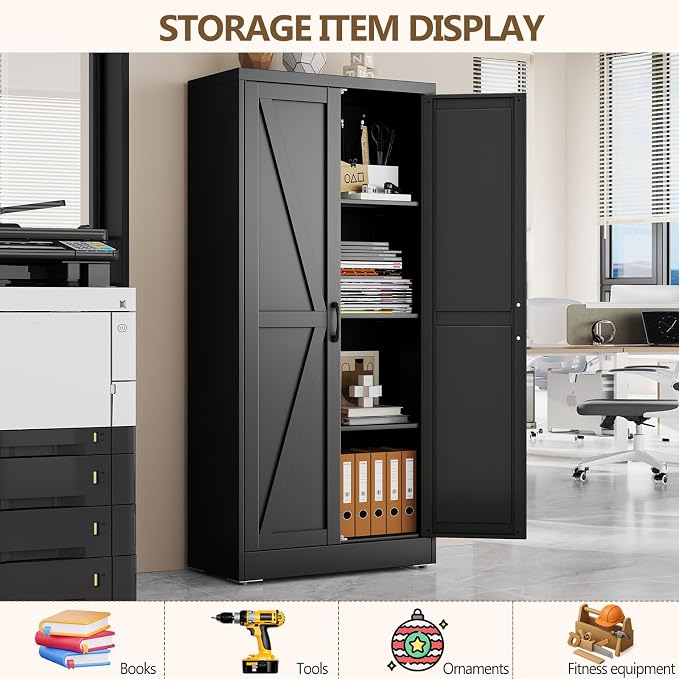 Black Metal Storage Cabinet, 63" Kitchen Pantry Cabinets for Office | Steel Kitchen Pantry Storage with Doors and 3 Adjustable Shelves, Metal Tool Cabinet, for Office, Home, Garage, School