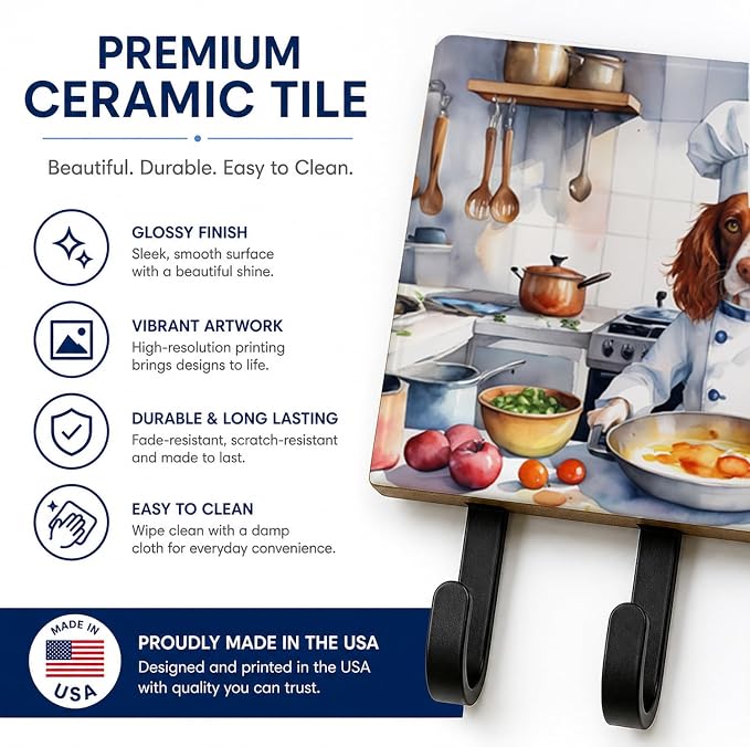 Caroline's Treasures Welsh Springer Spaniel The Chef Leash or Key Holder Wall Hooks, Key Hooks Holder, Coat Rack Wall Mount, Coat Hooks, Hooks for Hanging Keys, Towels, Aprons, Leashes | Welsh Springer Spaniel The Chef artwork on ceramic tile with thre...