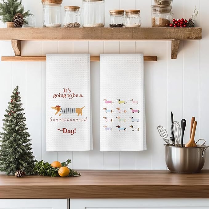 Funny Dachshund Kitchen Towels, Dachshund Lovers Gifts Dish Tea Towels for Kitchen Decor, Weiner Dog Gifts for Women Men Decorative Hand Towels for Bathroom, 16x24 Inch Set of 2